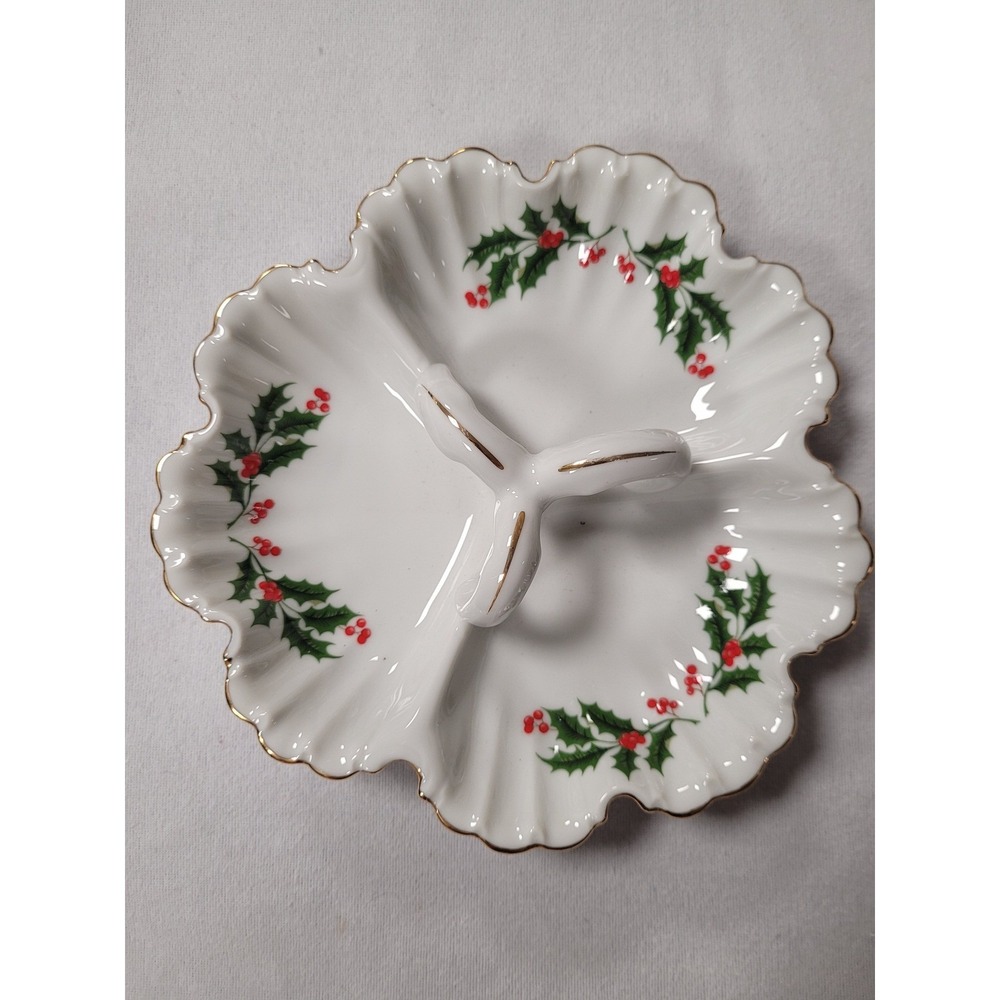 Vintage Holly Porcelain Divided Candy/Nut Holiday Dish‎ Gold Trim